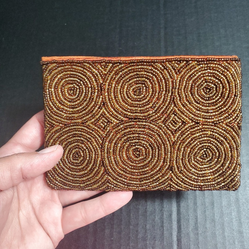 Vintage Brown Beaded Zipper Coin Pouch, Circle Pattern Satin Lined, 4x6 Inch